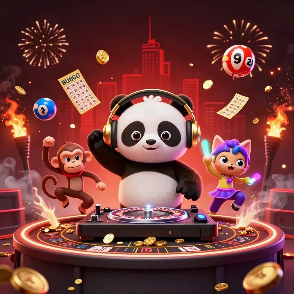 Panda DJ, dancing monkey and rave kitten amid casino coins, fireworks and spinning game props.