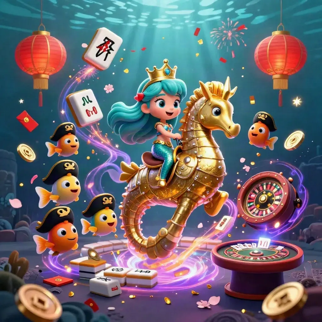 Mermaid princess on golden seahorse amid casino props, coins, fireworks, underwater glow
