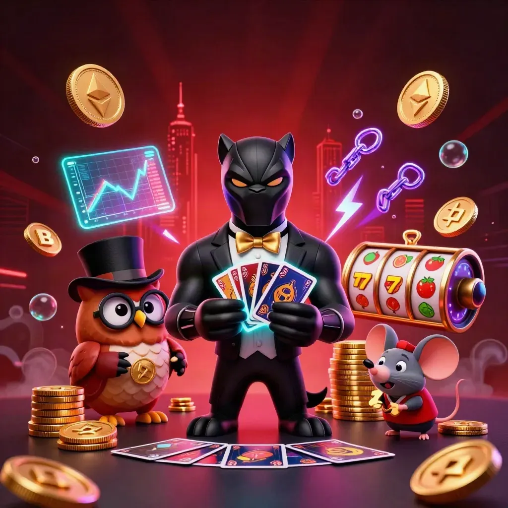 Panther, owl, and mouse casino heroes amid neon coins, reels, and purple-red glow