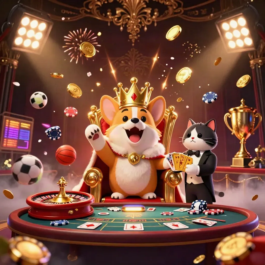 Royal corgi and cat butler amid coins, fireworks, sports balls, casino wheels, and luxury neon glow.