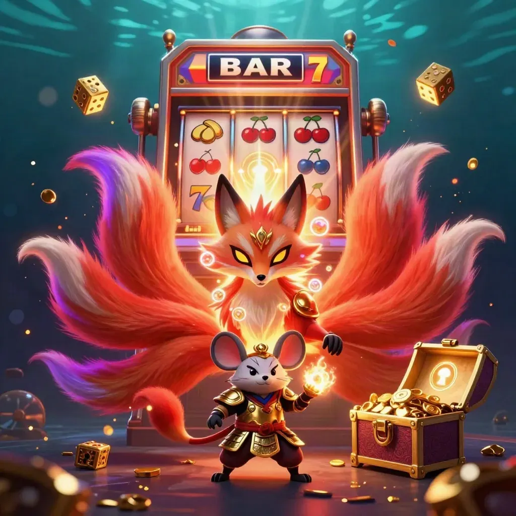 Fox spirit and mouse with slot machine, gold loot, neon casino energy