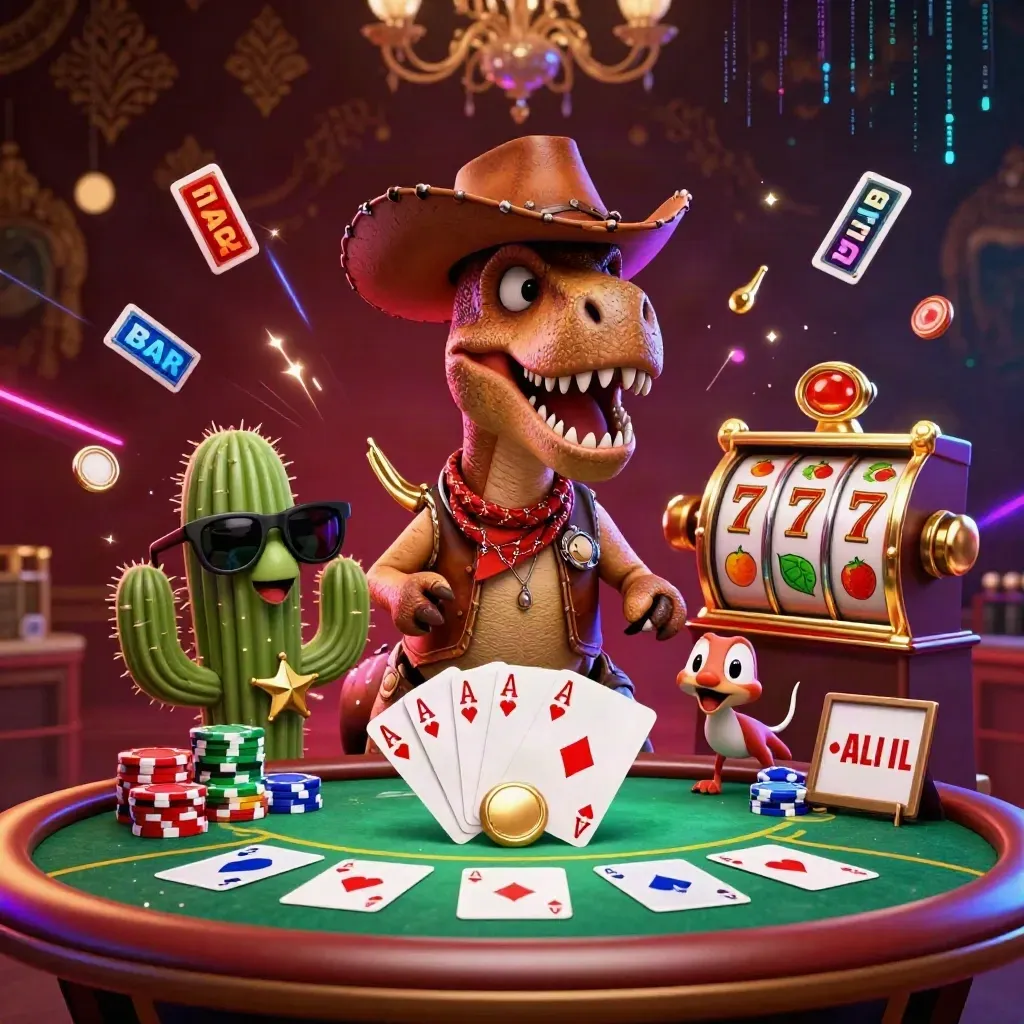 Cowboy T-Rex, cactus sidekick, and sheriff roadrunner amid casino chips and neon effects.