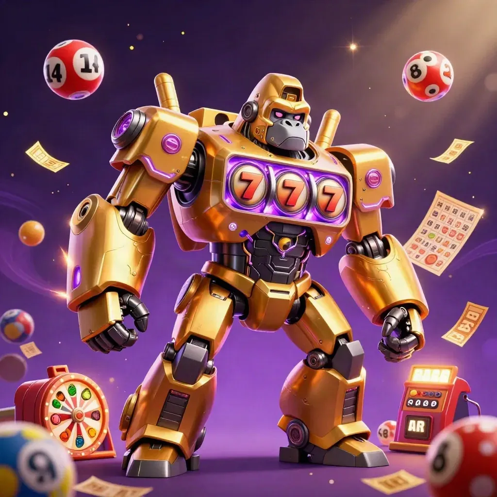 Golden gorilla slot-mech with tiny monkey pilot, reels, prize wheel, balls and jackpots in neon purple glow