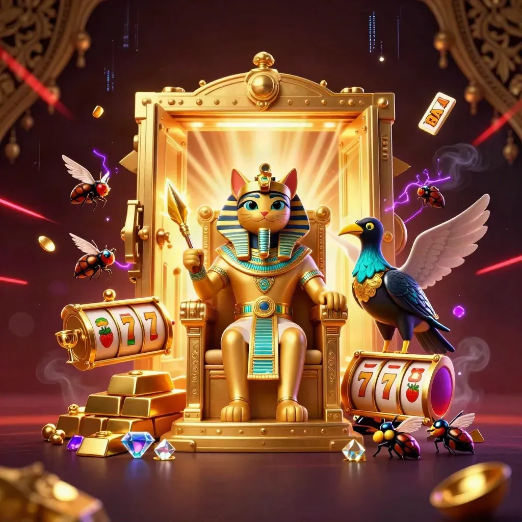 Pharaoh cat on a gold throne with an ibis scribe, scarabs, and casino treasure bursts.