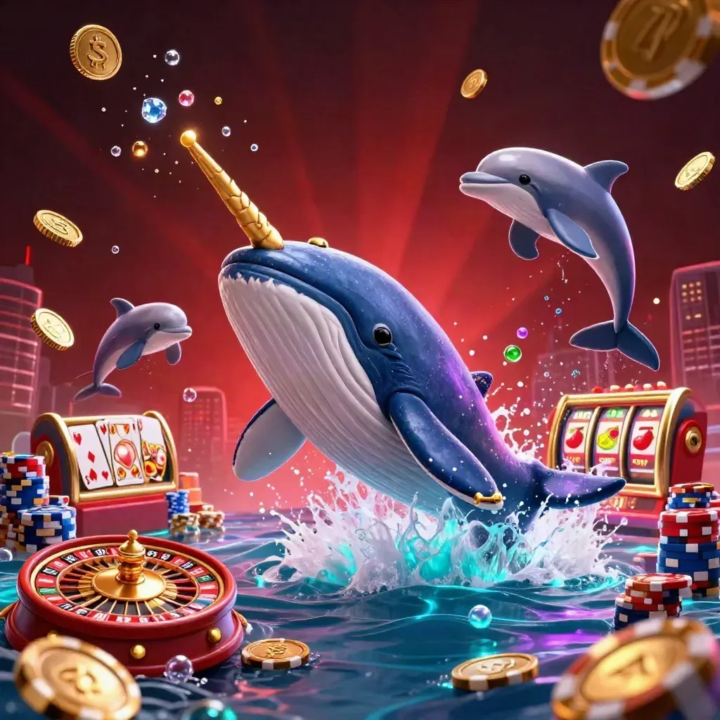 Whale captain, narwhal, and dolphins burst through coins with neon casino effects.