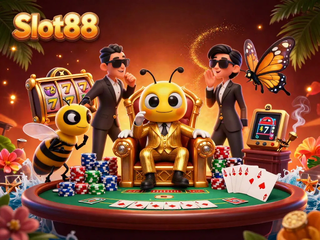 Engage with Slot88's thrilling atmosphere, featuring an animated bumblebee mob boss and dynamic slot elements.