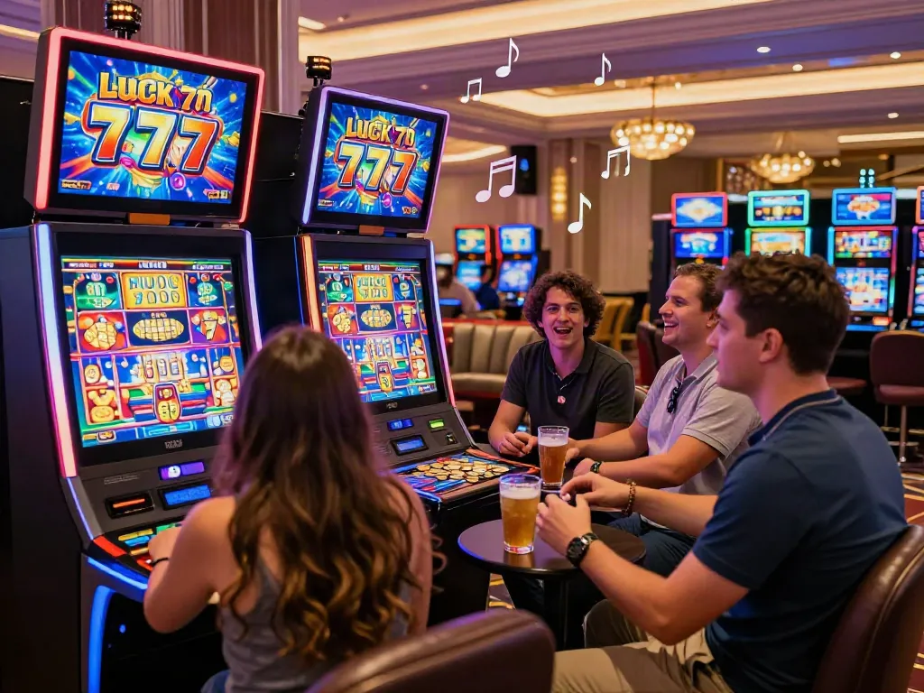 Lucky777 themed slot machine in a lively casino setting with players enjoying the experience.