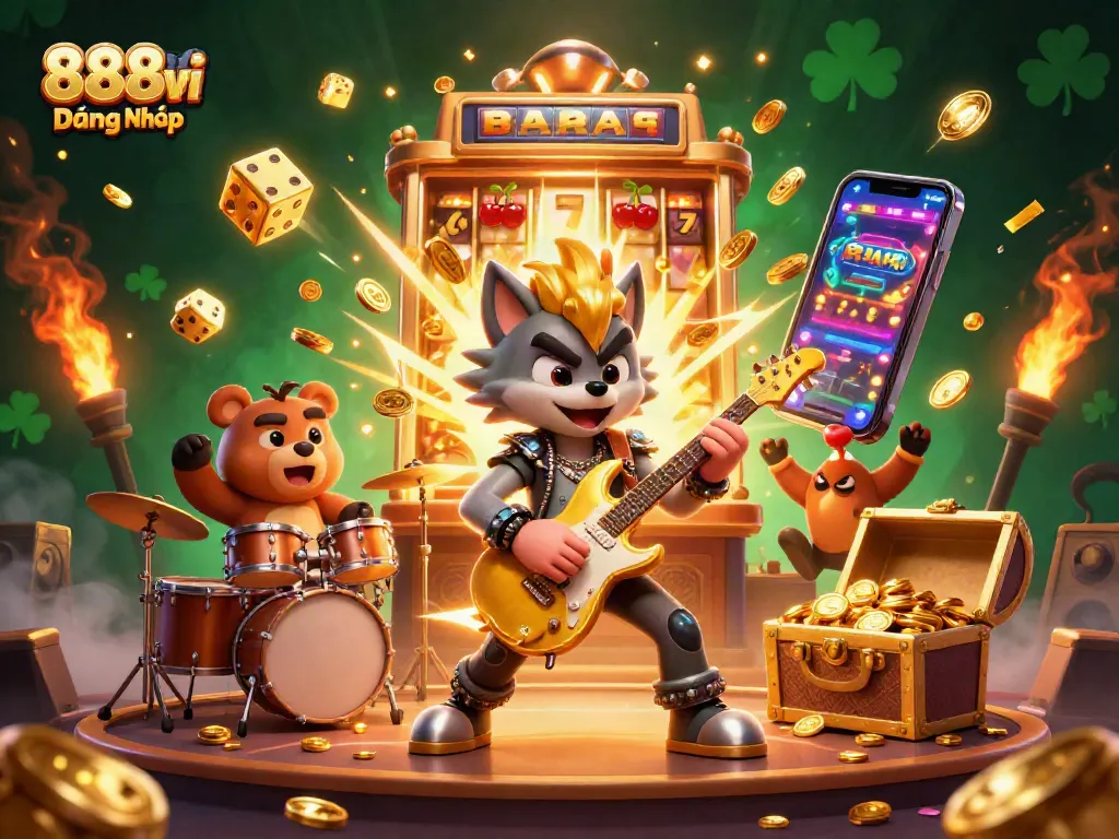 Play online with 888vi Đăng Nhập at the vibrant casino scene featuring a rock star wolf and jackpots.