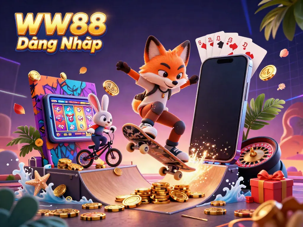 Experience thrilling gameplay with WW88 Đăng Nhập, featuring a skateboarder fox and BMX rabbit showcasing dynamic casino elements.