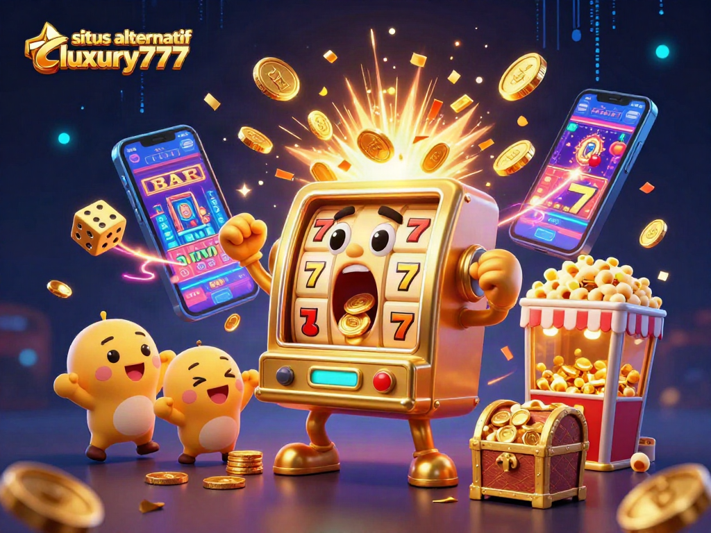 Situs alternatif luxury777 menghadirkan slot machine emas lucu yang memenangkan jackpot dengan koin berhamburan.