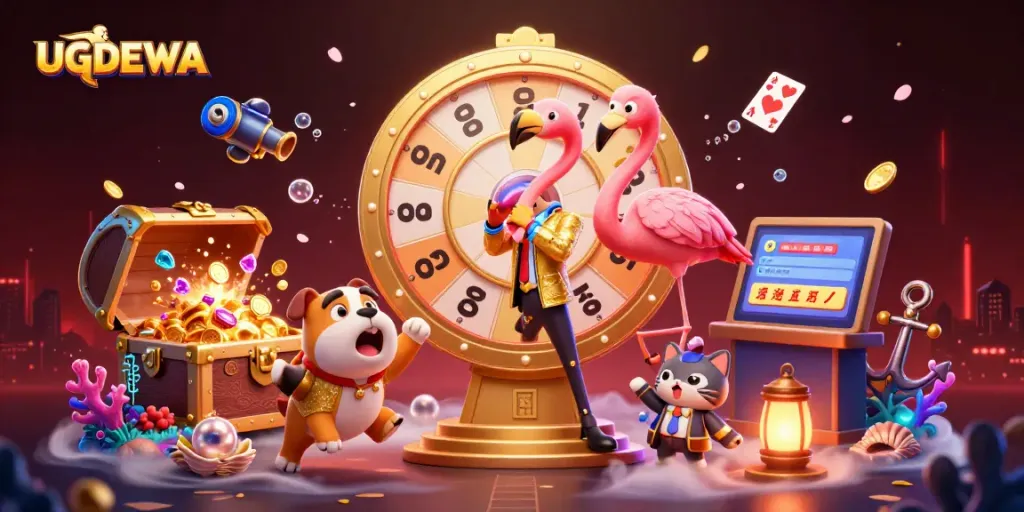 Play exciting games with UGDEWA as the vibrant characters spin the prize wheel in a dynamic casino scene!