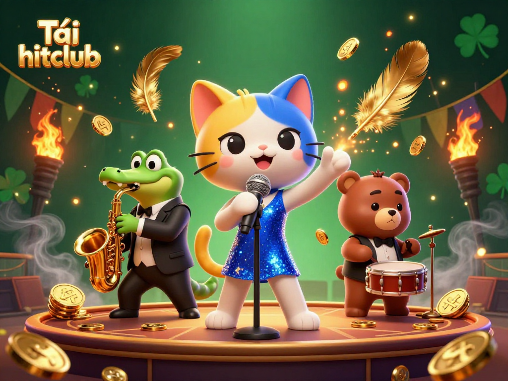 Play and enjoy Tải hitclub with colorful casino characters in a vibrant 3D illustration.