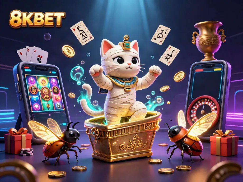 Experience the thrilling world of 8KBET with a 3D illustration of a mummy cat and casino elements.
