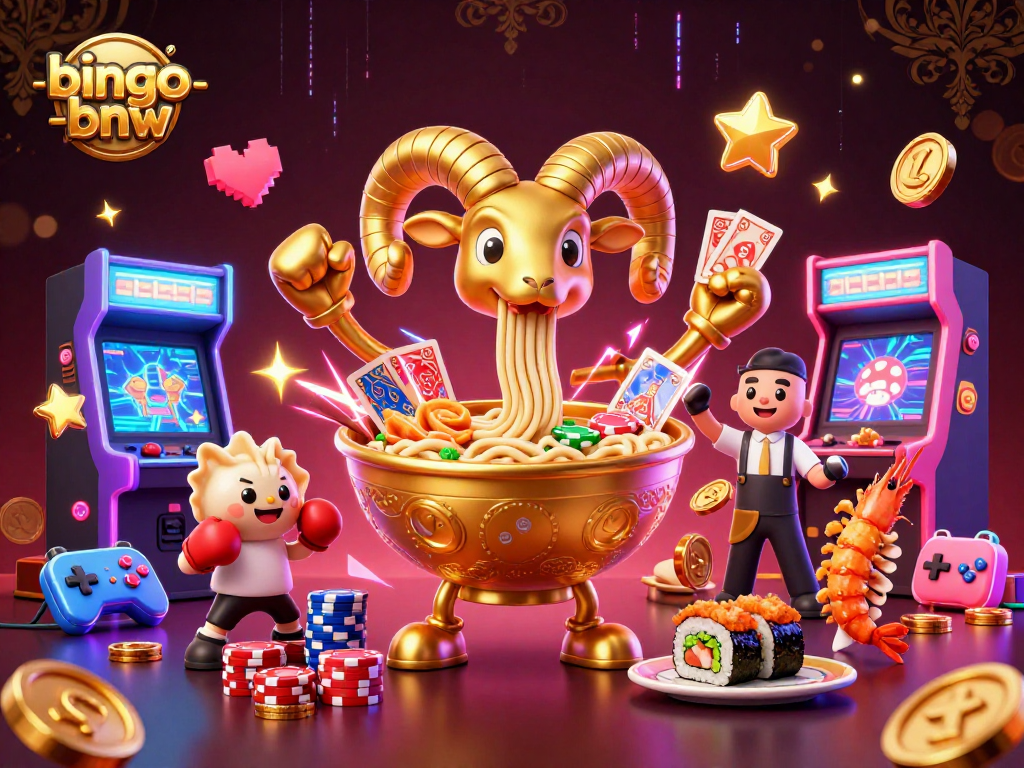 Play bingo-bnw for exciting jackpots with a vibrant 3D illustration of engaging game elements and characters.