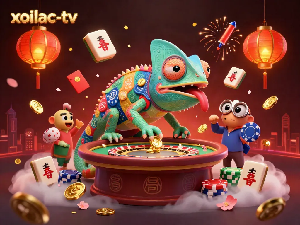 Experience immersive gameplay with xoilac-tv's vibrant casino atmosphere, featuring a colorful chameleon amidst floating game elements.