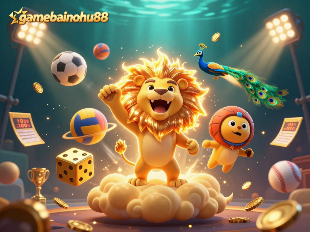 Engage with gamebainohu88, amidst dynamic sports elements and a captivating golden lion.