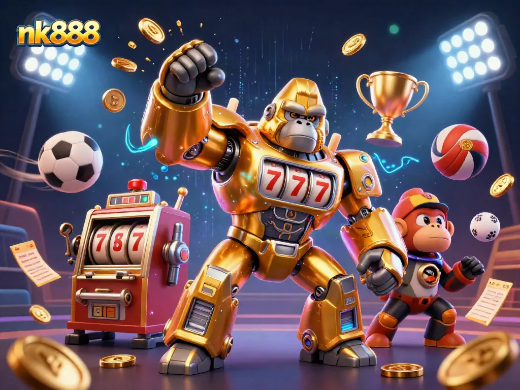 Experience thrilling games with nk888 at a lively casino scene with dynamic elements and colorful designs.