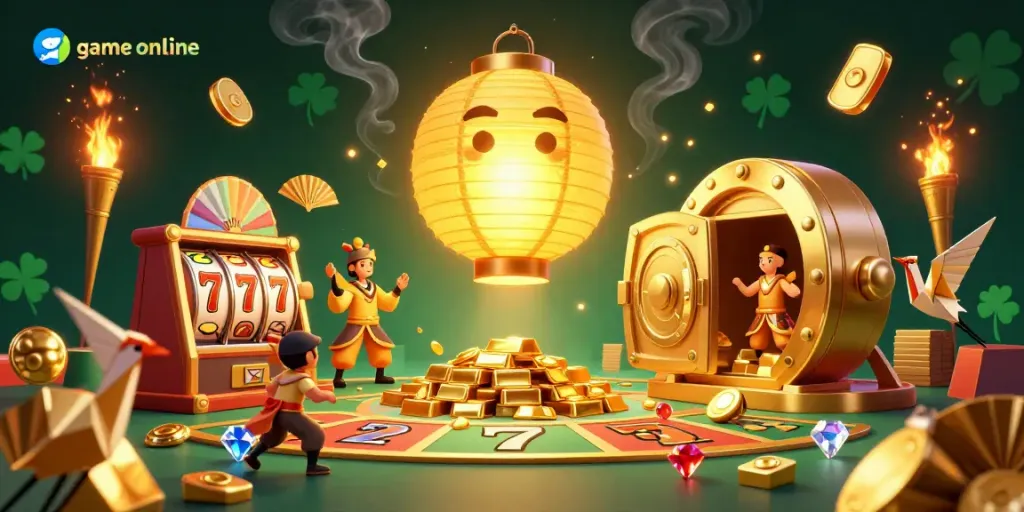 Experience the excitement of game online with a 3D golden lantern spirit and vibrant casino elements.