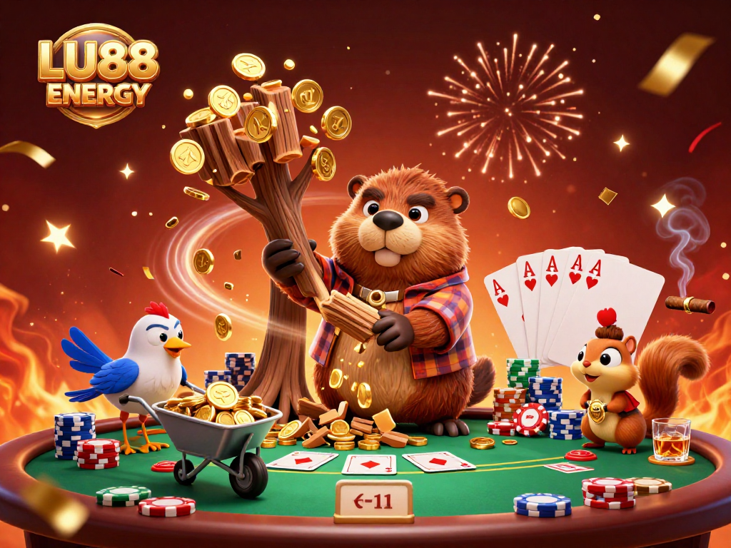LU88 ENERGY brings excitement to life with cartoon characters collecting coins and playing cards.