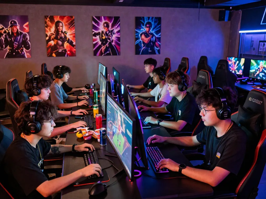 Friends enjoying a competitive gaming session on QQMacan in a vibrant gaming lounge.