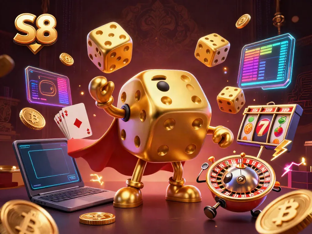 Play the S8 slots with vivid golden dice characters and crypto coins in this captivating scene.