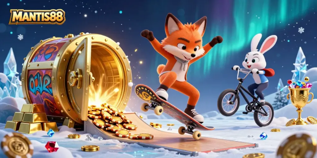 MANTIS88 showcases a vibrant scene with a skateboarder fox and BMX rabbit over casino elements, highlighting gaming excitement.