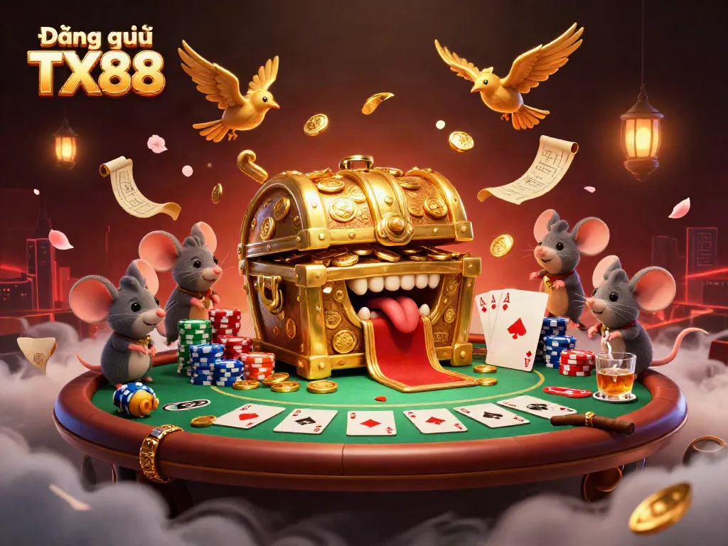 Spin the reels of Đăng ký TX88 with vibrant casino action featuring treasure chests and poker elements.