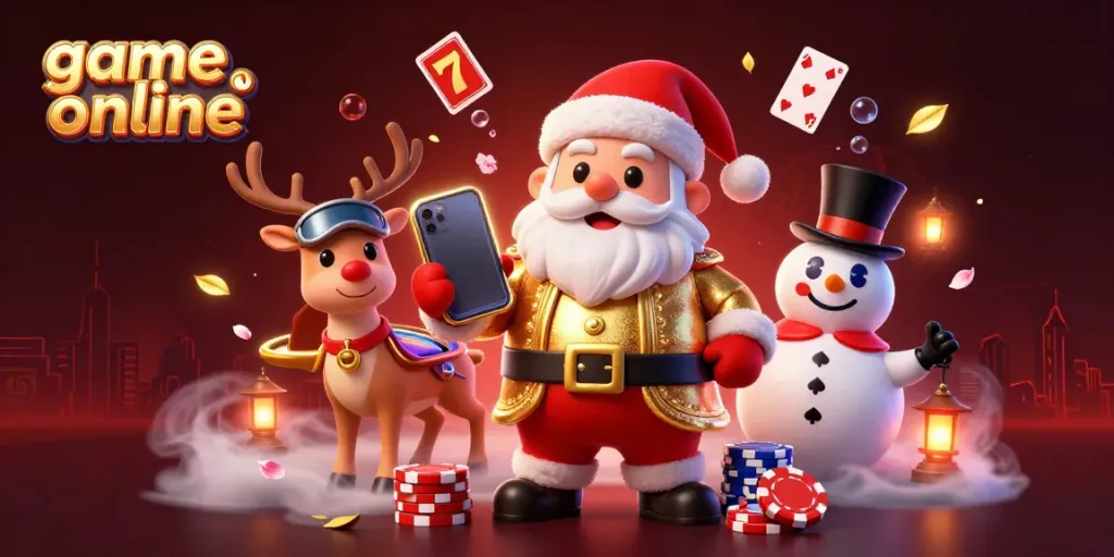 Engage in thrilling game online experiences with a festive Santa and casino-themed characters.