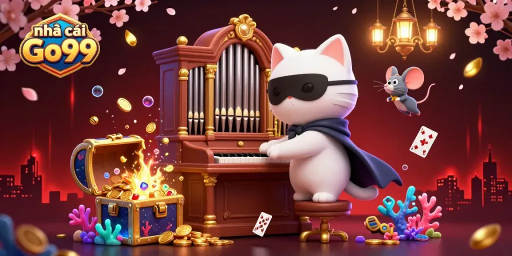 Experience the excitement of nhà cái Go99 with a whimsical scene featuring a masked cat at a casino pipe organ surrounded by vivid treasures.