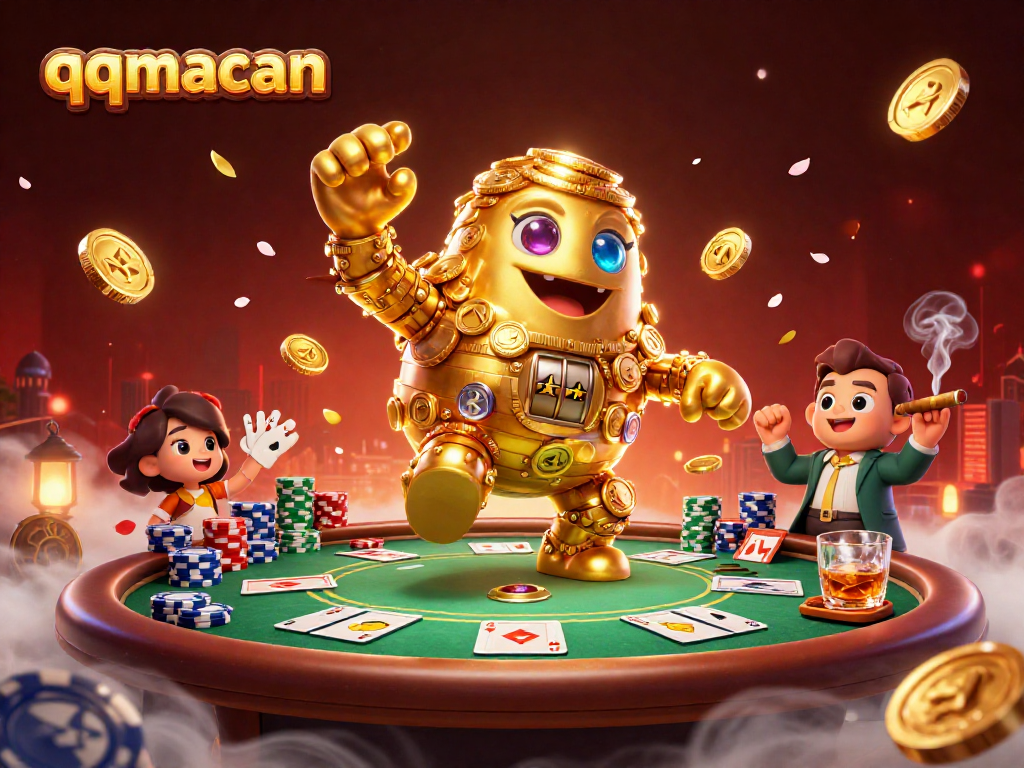 qqmacan showcases a golden golem surrounded by poker elements in an electrifying casino scene.