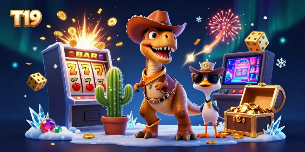 Experience thrilling gameplay with T19's vibrant casino scene featuring a T-Rex, treasure, and slots.