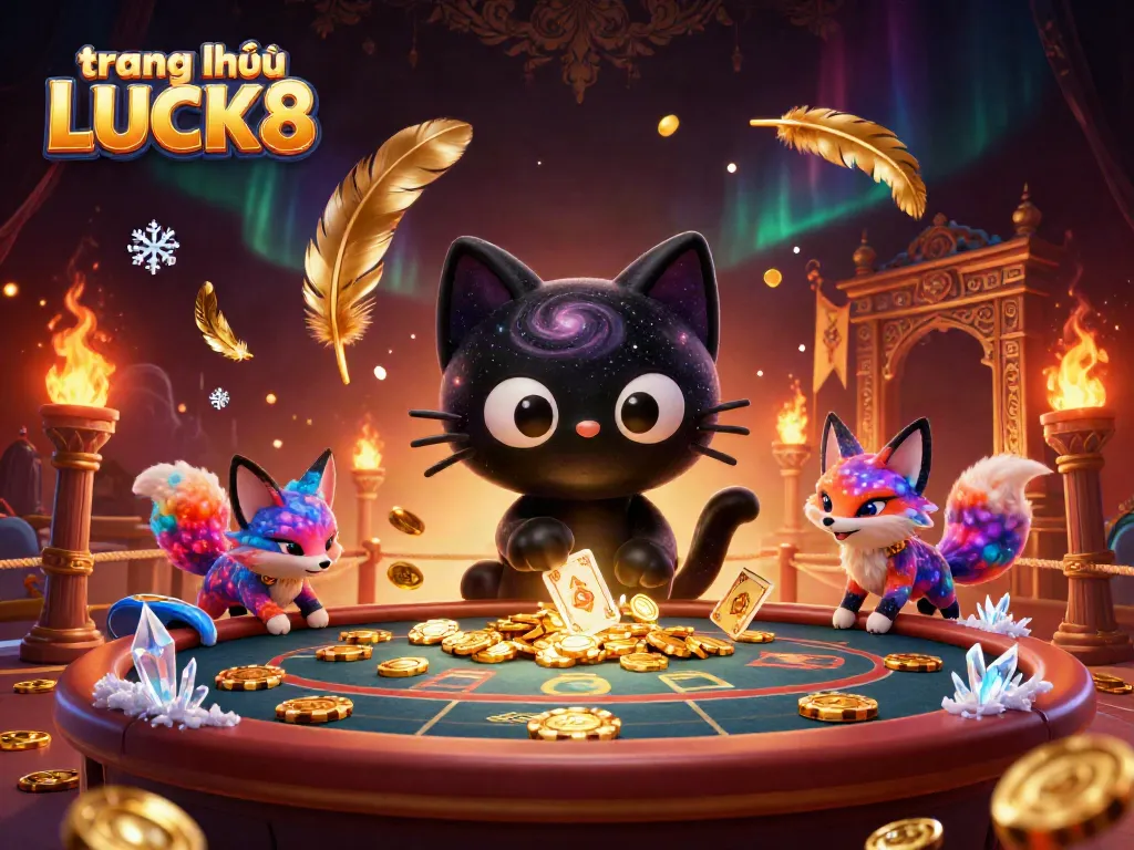 Experience the thrilling world of trang chủ LUCK8 with a cosmic casino scene featuring magical characters and gold.