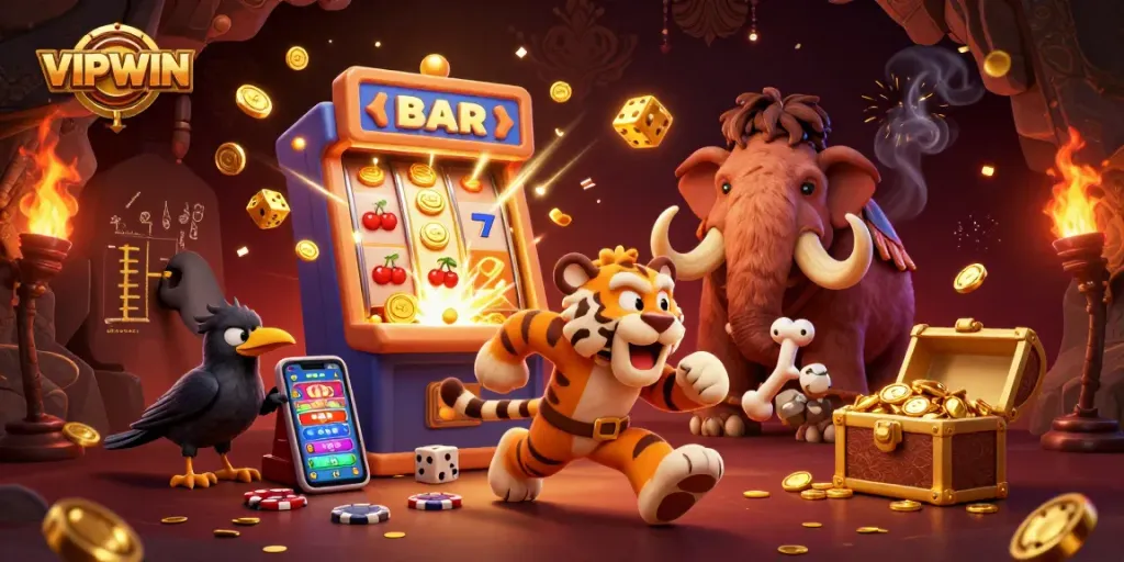 Engage with VIPWIN through a vibrant prehistoric casino scene featuring dynamic characters and exciting game elements.
