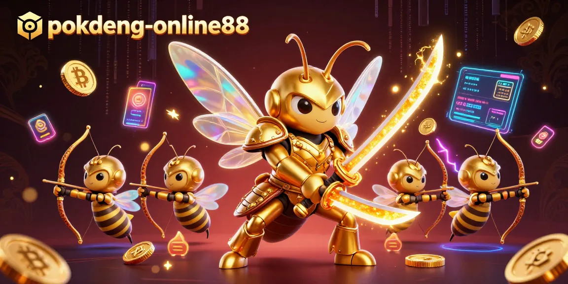 Engage with the thrilling world of pokdeng-online88 through a vibrant 3D casino illustration featuring unique characters and crypto coins.