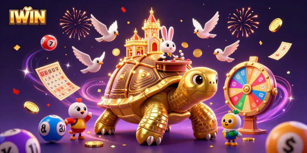 IWIN brings excitement with a golden tortoise casino, a rabbit dealer, and vibrant gambling elements.
