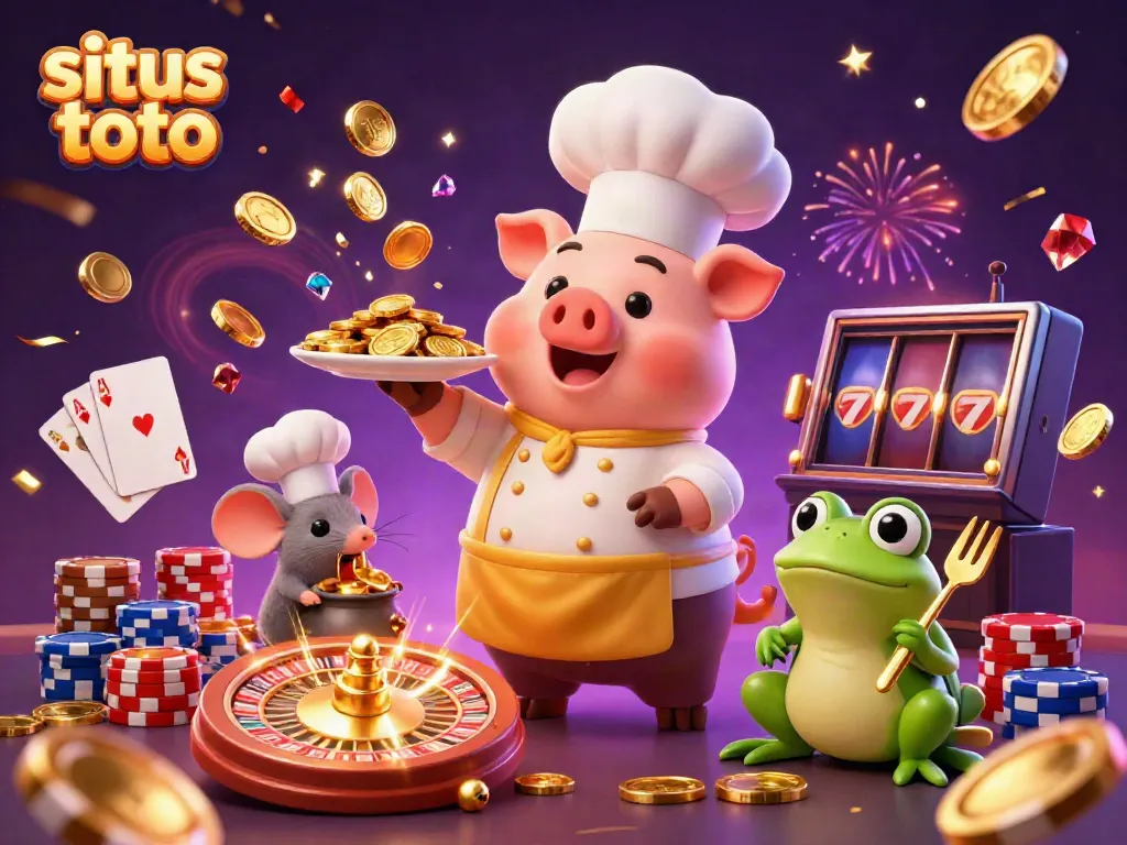 Situs toto showcases a lively 3D illustration of a chef pig serving gold coins while friends assist, surrounded by casino elements.