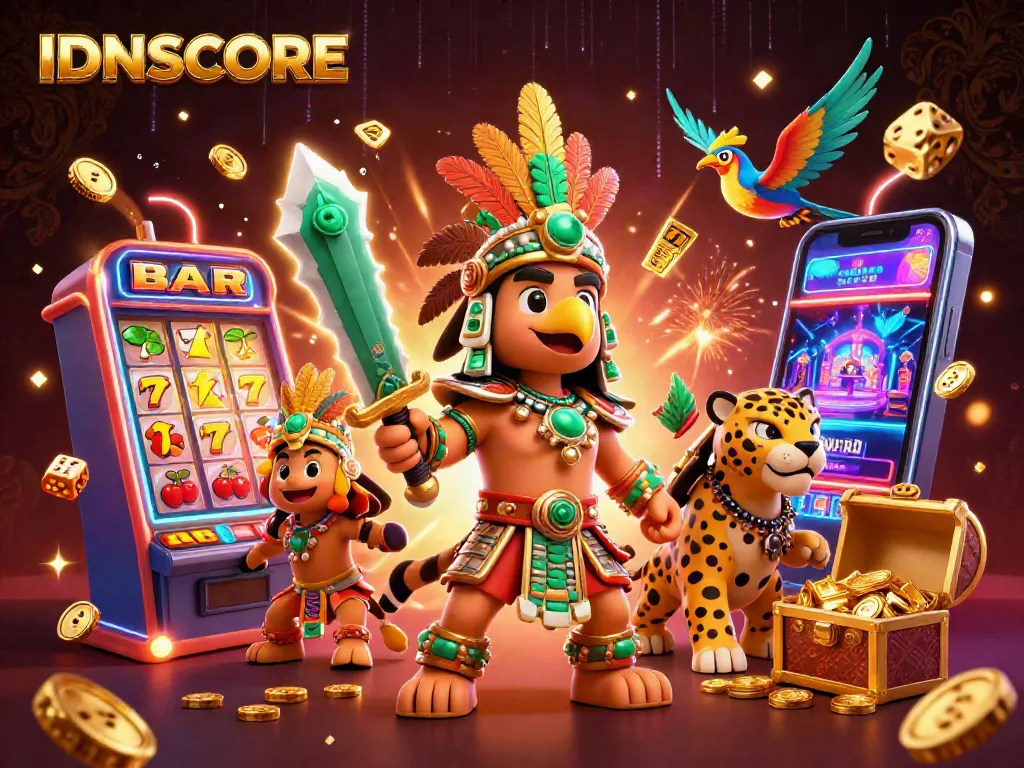 IDNSCORE engages players with a vibrant 3D depiction of an Aztec theme, showcasing a jackpot explosion in a dynamic casino scene.