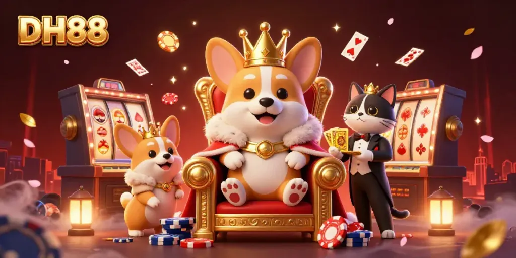 Experience the royal gaming allure of DH88 with vibrant slot themes and animated characters in a rich casino scene.