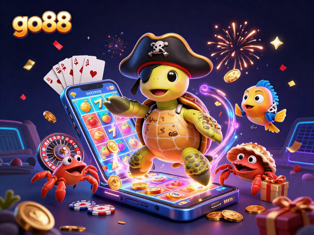 Engage with go88's vibrant casino scene featuring a playful pirate turtle alongside dynamic game elements.