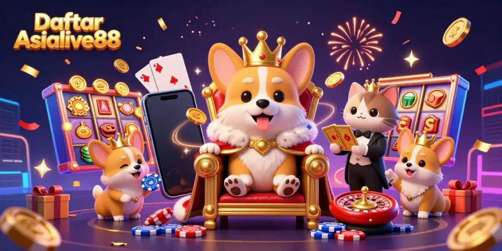 Feel the excitement with Daftar Asialive88 as a royal corgi and its butler present winning gaming elements in a vibrant illustration.