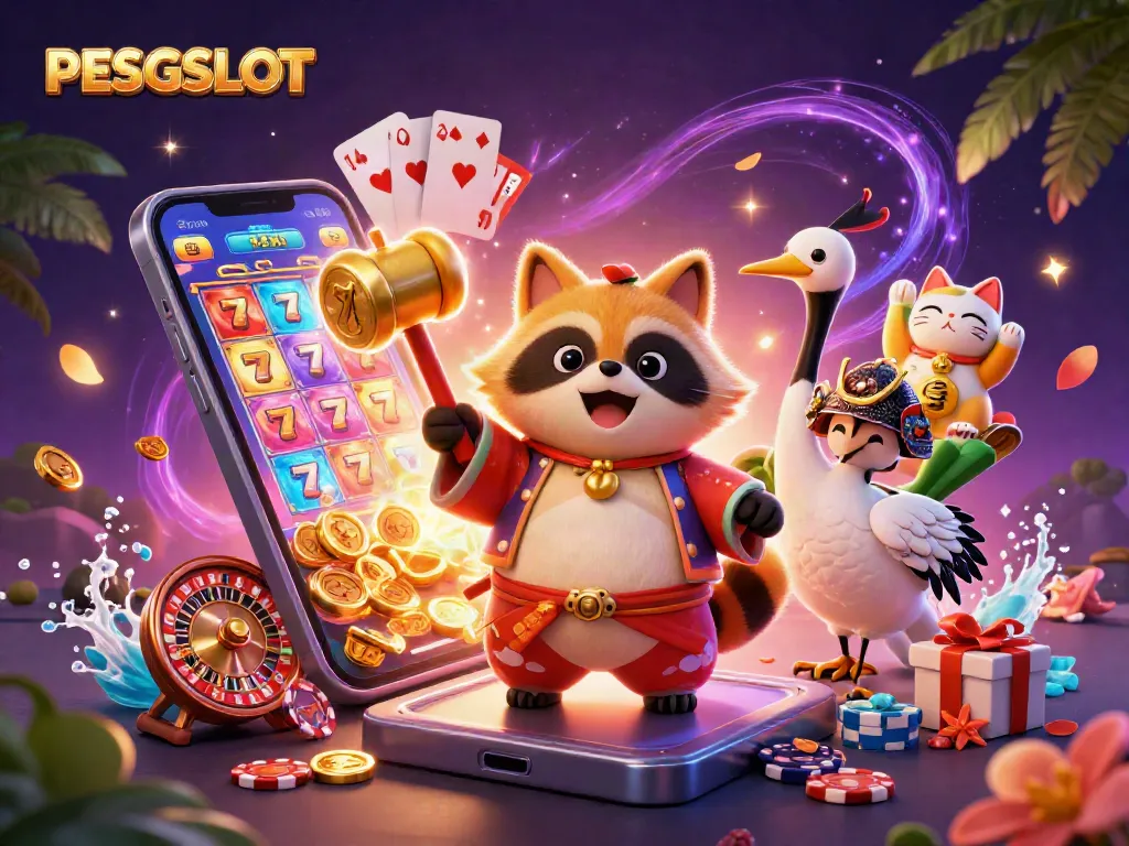 PESGSLOT showcases a vibrant 3D casino scene featuring cheerful characters and dynamic gaming elements.