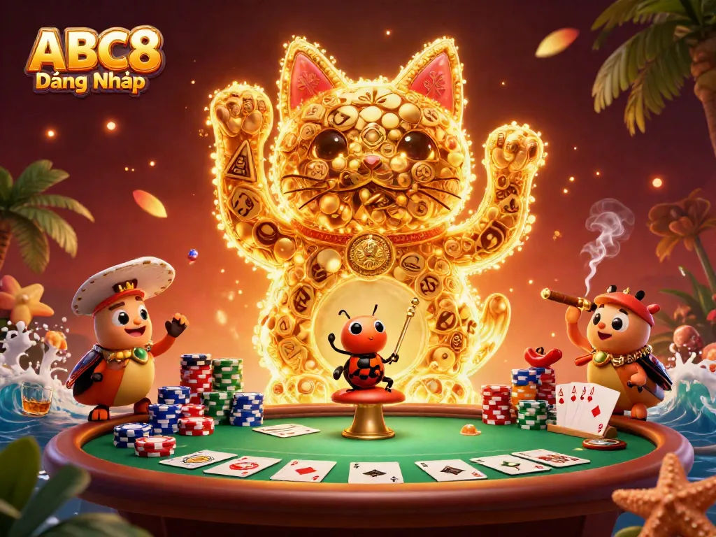 Experience ABC8 Đăng Nhập with dynamic casino symbols and a lucky cat in a vibrant scene.