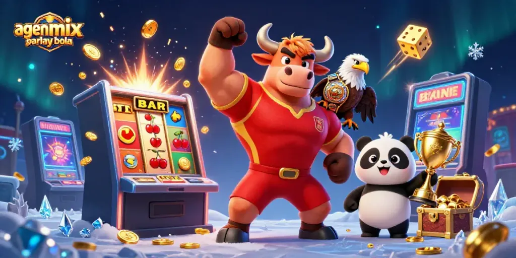 Engage with agen mix parlay bola through a thrilling 3D casino scene featuring dynamic characters and vibrant game elements.