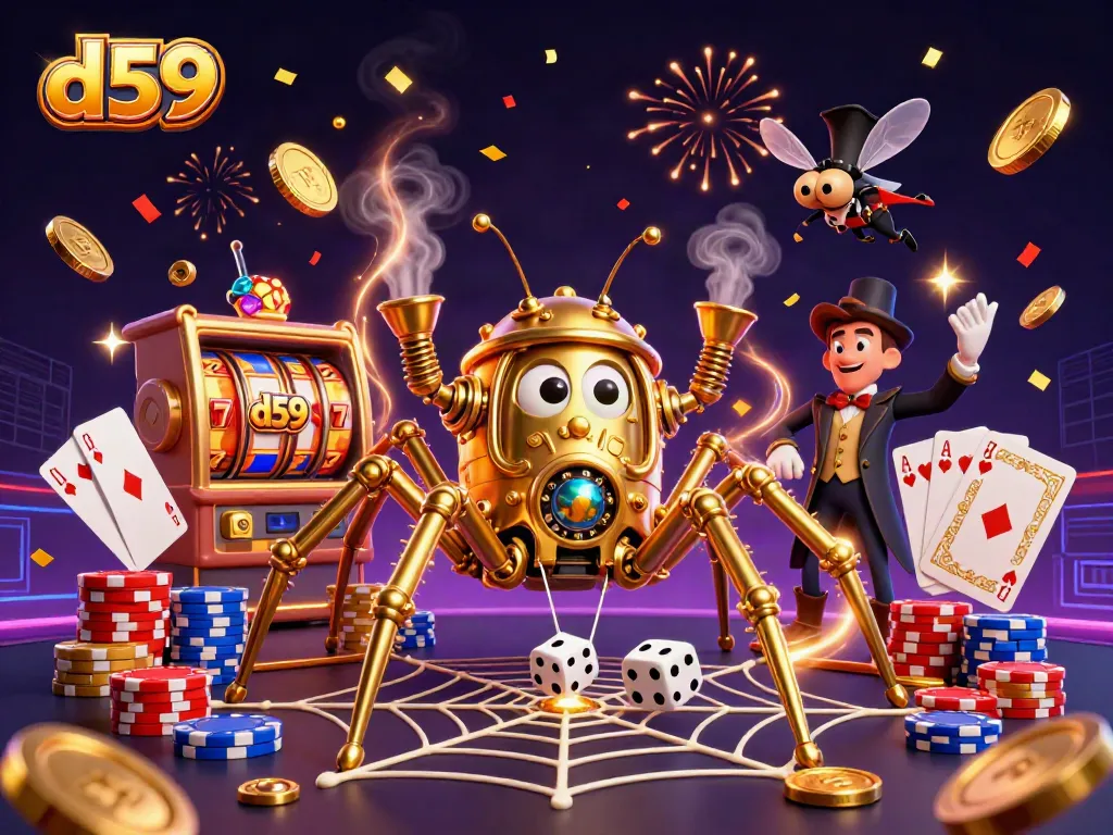 Experience d59's thrilling gameplay with a steampunk spider and captivating casino elements.
