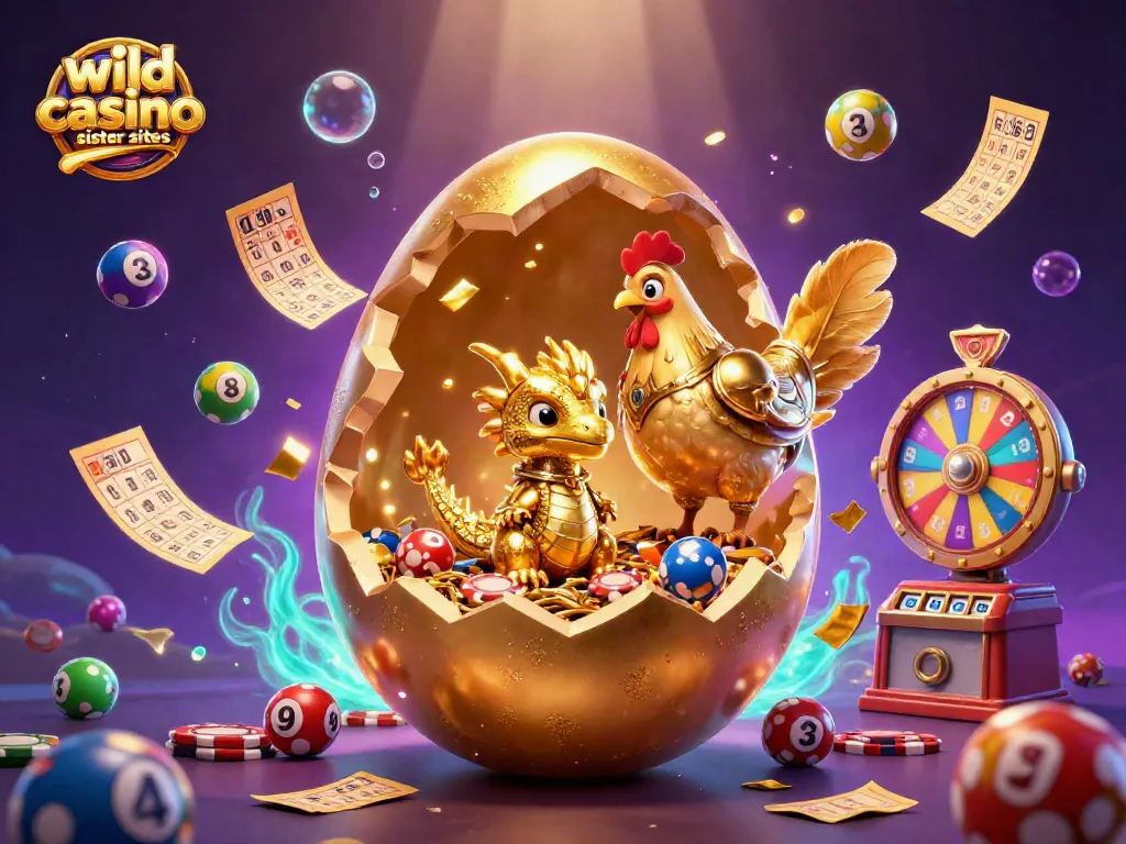 Experience wild casino sister sites with a vibrant scene of golden-themed cartoon characters and lottery elements.