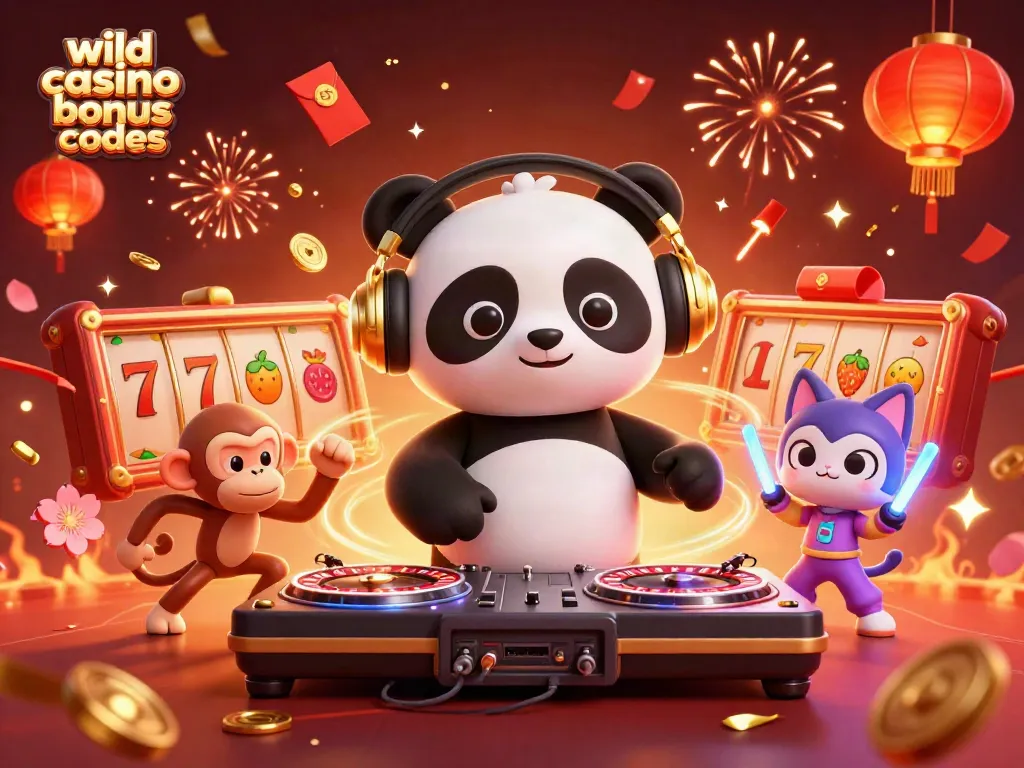 Experience the excitement of wild casino bonus codes with a DJ panda and fun characters amidst casino elements.