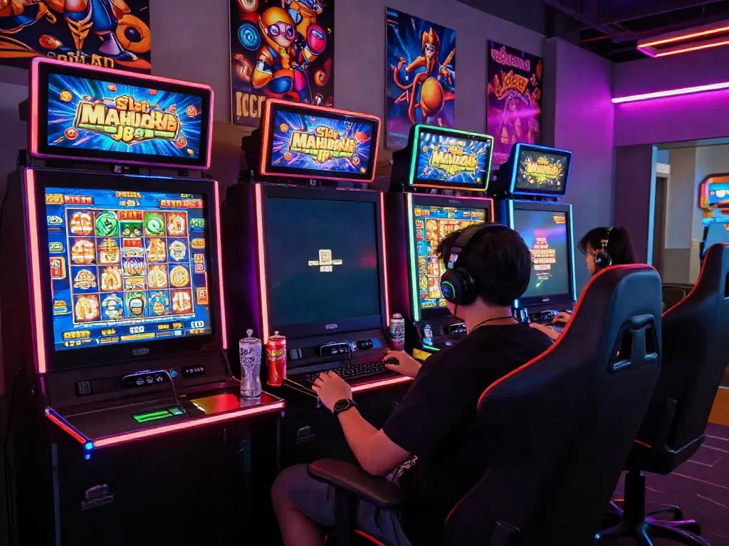 Exciting gaming scene with a player immersed in Slot MAHJONGJP88 featuring LED lighting and gaming accessories.