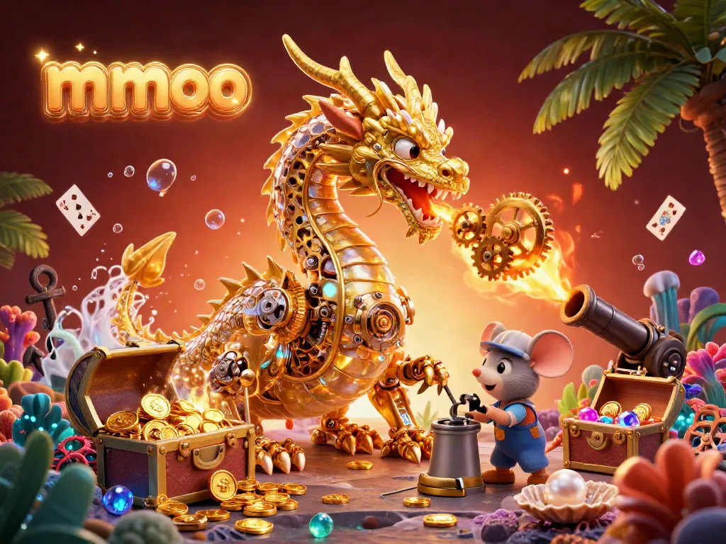 Engage with mmoo's thrilling casino adventure as a dragon and mouse navigate a world of treasures.