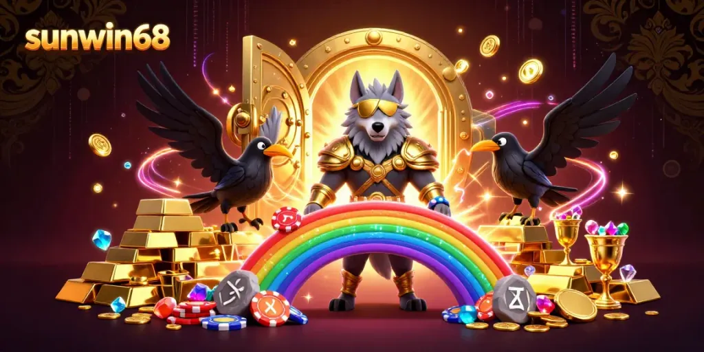 Experience the excitement of sunwin68 with Odin and ravens surrounded by glowing casino treasures.