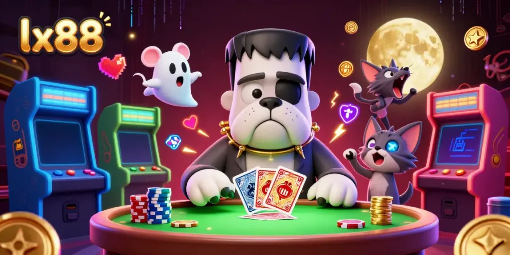 Engage with lx88 at a lively casino scene featuring a Frankenstein bulldog dealer, cards, and gaming machines.
